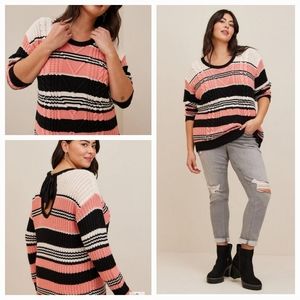 NWT Torrid Cable Knit Pullover Tie Back Sweater Coral/Blk/White Striped Size 1x